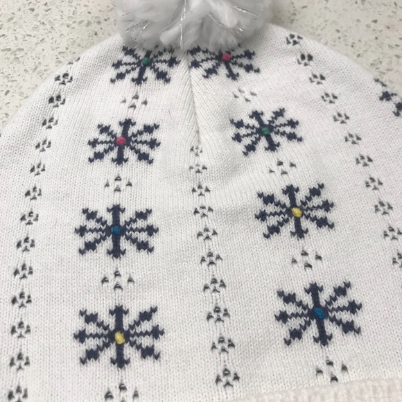 Kids Youth White & Navy Snowflake Pom Pom Beanie With Rainbow Dots - Picture 2 of 8